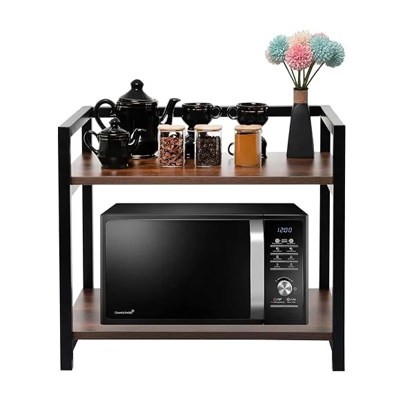 RIZIK STORE™ 2-Tier Metal & Wooden Microwave Oven Stand - Multipurpose Extra Storage for Kitchen, Coffee Bar, Countertop, Bathroom (Design 2) — Linkbiz SmartDeal's
