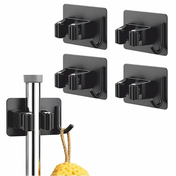 JIALTO 4 Pcs Adhesive Broom Holder Wall Mounted Stainless Steel | Heavy Duty Cleaning Tool Organizer with Hooks | No Drill Storage Rack for Kitchen, Bathroom & Garage (Black, 4) — Linkbiz SmartDeal's