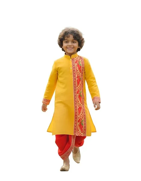 NEEDLE GO TRADITIONAL Boys Cotton Jamdani Kurta with Silk Dhoti Set, Traditional Indian Ethnic Wear, Full Sleeve, 2-14 Years, All Festival, 2 Piece Set for Festivals — Linkbiz SmartDeal's