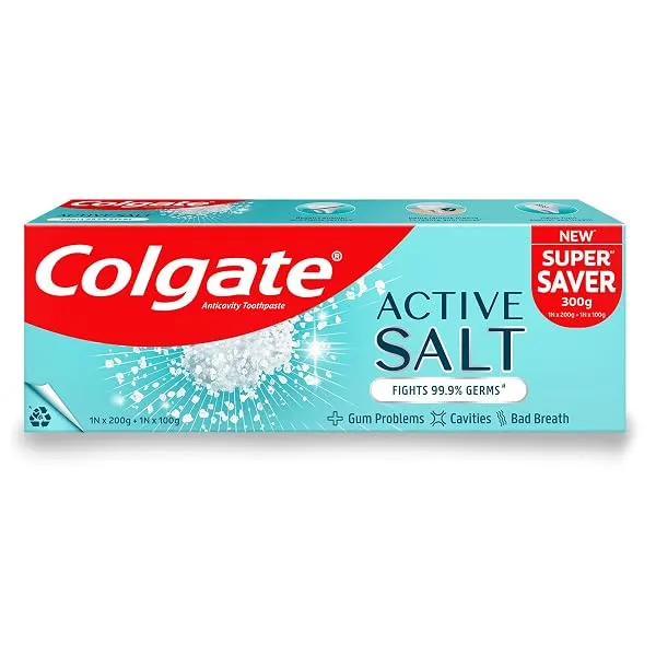 Colgate Active Salt Toothpaste, Germ Fighting Toothpaste for Healthy Gums and Teeth, Tooth Decay Prevention, Gum Protection, Eliminates Bad Breath, Plaque Removal (300g/200g X 1 an — Linkbiz SmartDeal's