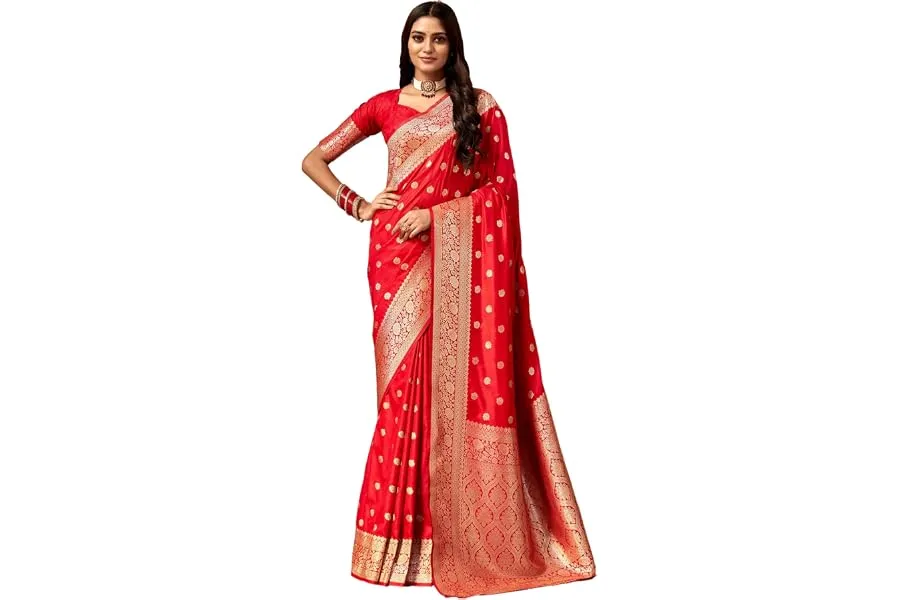 C J Enterprise Women's Banarasi Saree Pure Kanjivaram Style Silk Saree With Blouse Piece for We — Linkbiz SmartDeal's