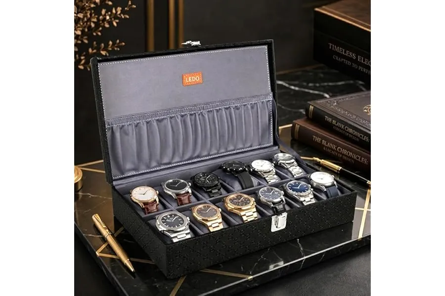 LEDO Men's and Women's Watch Box Organizer Case with 12 Slots in Black Color with Gray Velvet — Linkbiz SmartDeal's