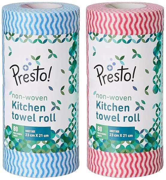 Amazon Brand - Presto! Non-Woven Kitchen Towel Roll | 80 Pulls (Pack of 2) | Size: 23 x 21 cm | Wavy Pattern (Red & Blue) | Washable and Reusable | Highly Absorbent | For Daily Use — Linkbiz SmartDeal's