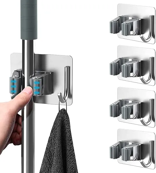 CANWAY 2 Pieces Stainless Steel 1 Rack With 1 Hook Heavy Duty Wall Mounted Broom And Mop Stick Holder, Hanging Tools For Home Kitchen Garden Laundry Garage (Silver), Hanging Shelve — Linkbiz SmartDeal's