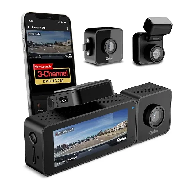 Qubo 3-Channel Dashcam Trio by Hero Group (Front+Rear+Cabin Camera) [New Launch] | 4MP | Built-in Wi-Fi & GPS | Wide FOV | IR Night Vision | App Control | Supports up to 1TB SD Car — Linkbiz SmartDeal's