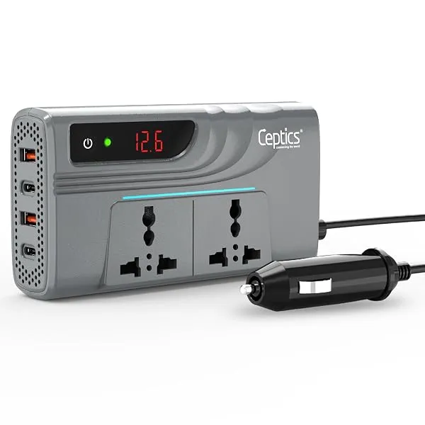 Ceptics 200W Car Power Inverter, Car Laptop Charger with 2 USB-A (3.1A Max) + 2 USB-C (PD 27W) Ports, 12V DC to 220V AC, SmartVoltage™ Technology, 2X Universal AC Outlet, 18 Months — Linkbiz SmartDeal's