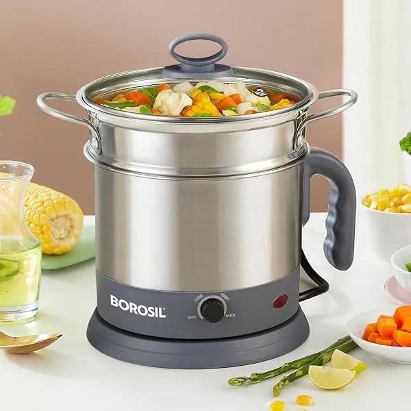 Borosil 1.3L Quick Made in India Electric Steel Kettle with Steamer | Temperature Control Knob, Overheat Protection | For Boiling & Steaming Vegetables, Momo, Egg, Tea, Coffee | 1 — Linkbiz SmartDeal's