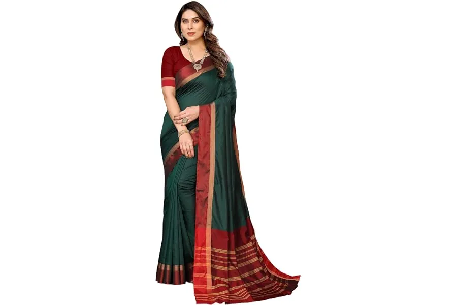 VJ Fashion Women's Striped Pattern Cotton Silk Saree with 6 Yards Length and Unstitched Blouse — Linkbiz SmartDeal's
