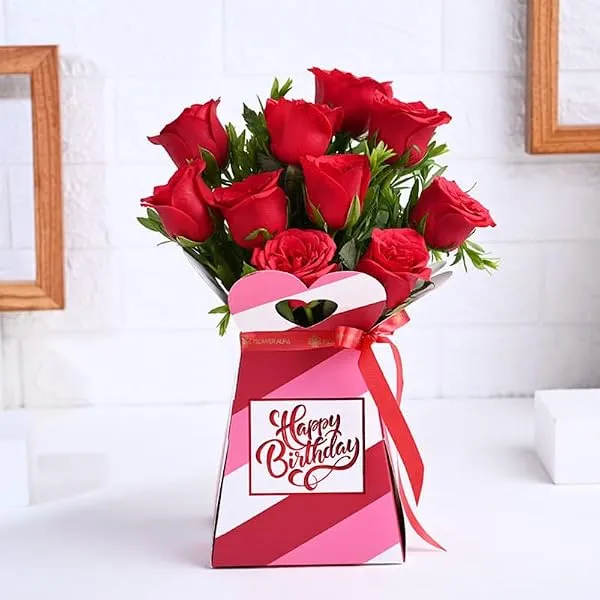 FlowerAura Premium Fresh Live Flower Bouquet of 10 Red Roses In FA Happy Birthday Box Birthday Gift For Girlfriend, Boyfriend, Husband, Wife, Parents & Friends (Same Day Delivery) — Linkbiz SmartDeal's