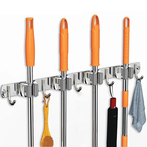 CUXIXA Mop and Broom Holder Wall Mount, Upgraded Broom Organizer Wall Mount, Stainless Steel Broom Hanger Wall Mount for Home Kitchen Garden Laundry Garage (4 Racks with 5 Hooks Si — Linkbiz SmartDeal's