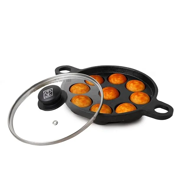 The Indus Valley Super Smooth Cast Iron Paniyaram Pan with Glass Lid | 9 Pit, 20.8cm/8.2inch, 2.7kg, Gas Compatible | Pre-Seasoned, 100% Toxin-Free, Naturally Non-Stick, Long Lasti — Linkbiz SmartDeal's