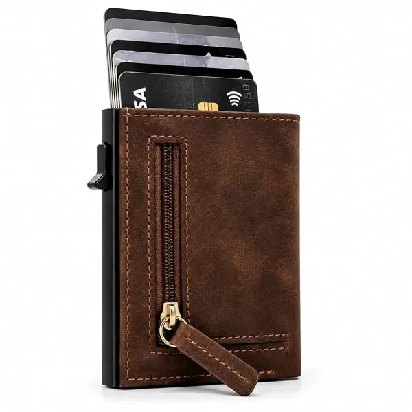 The Bae Gift Slim Leather Card Holder Wallet, Black, RFID Blocking, Zipper Pocket, Pop-Up Card Ejector (Brown) — Linkbiz SmartDeal's