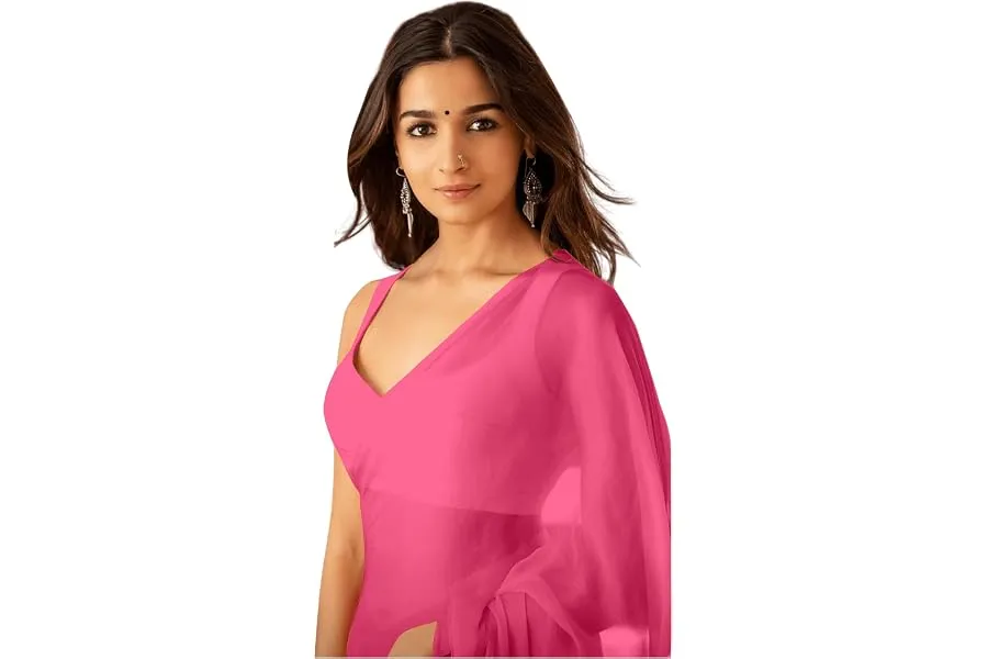 Sidhidata Women's Plain Pure Georgette Saree With Unstitched Blouse Piece (Rocky Aur Rani Ki Pr — Linkbiz SmartDeal's