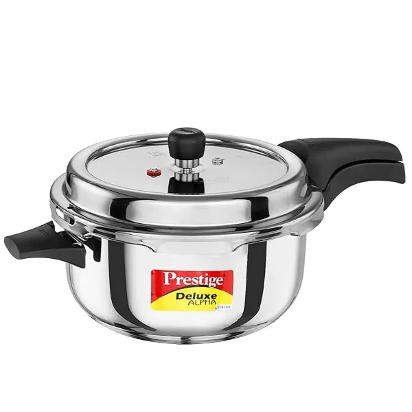 Prestige 5 Litre Stainless Steel Deluxe Alpha Svachh Outer Lid Deep Pressure Pan Cooker | 10Y Warranty | Deep Lid for Spillage Control | TRIPLY Base | GRS | Gas & Induction Compati — Linkbiz SmartDeal's
