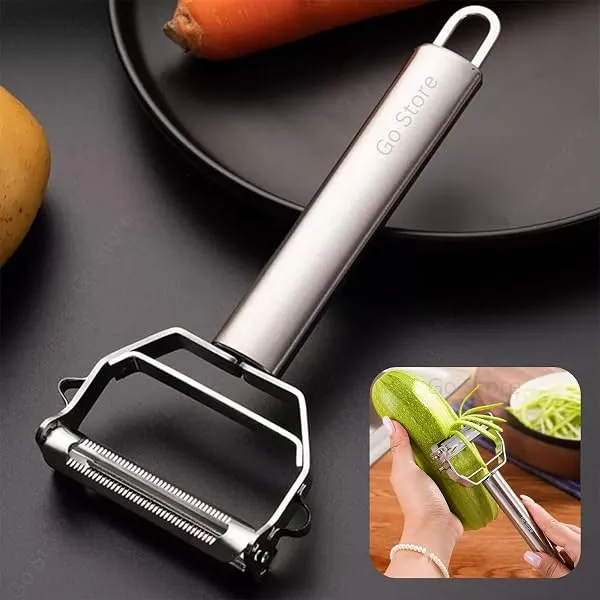 Go Store 2 in 1 Stainless Steel Julienne Vegetable Peeler Multi-Functional Fruit & Veggie Shredder Slicer and Grater for Potatoes, Carrots, Cucumbers (Silver, 18 x 8.2 x 2.3 cm) — Linkbiz SmartDeal's