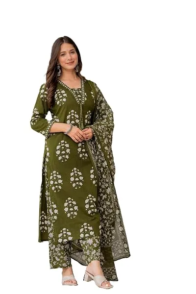 PARTHVI Women's Pure Cotton Printed Straight Kurta Set with Palazzo Pants & Dupatta- Ethnic Wear, Green — Linkbiz SmartDeal's