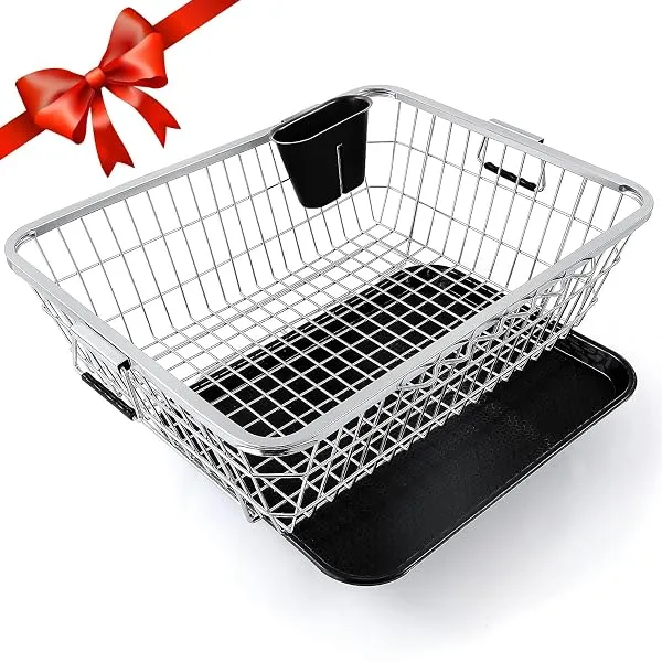 TEX-RO Stainless Steel Dish Drying Rack for Kitchen with Drainer Tray & Cutlery Holder | Utensils Drying Rack & Dish Drainer Basket | Bartan Stand Steel | Large 56x43x23 cm, Chrome — Linkbiz SmartDeal's