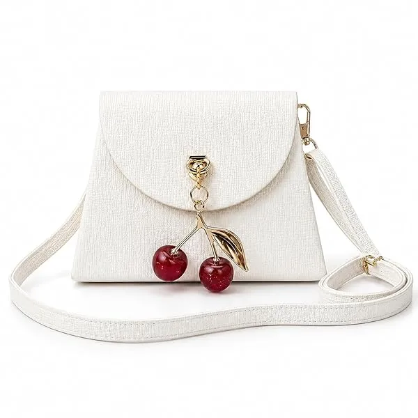 KBR® Mini Sling Bag for Girls, Cute Small PU Leather Crossbody Purse with Cherry Pendant Charm, Adjustable Strap, Magnetic Flap Closure, Kids Fashion Bag (Cream White) — Linkbiz SmartDeal's