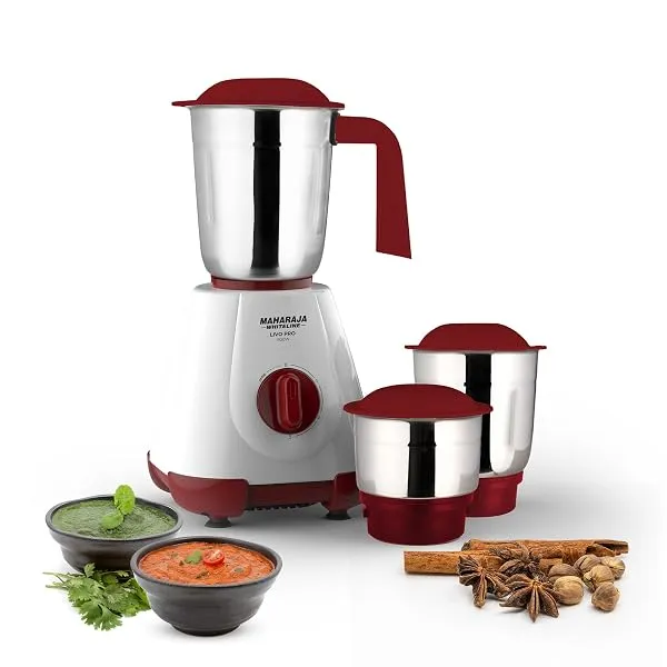 Maharaja Whiteline 500W Mixer Grinder with 3 Stainless Steel Jars with lid and 20,000 RPM Motor Speed (White & Cherry Red) — Linkbiz SmartDeal's