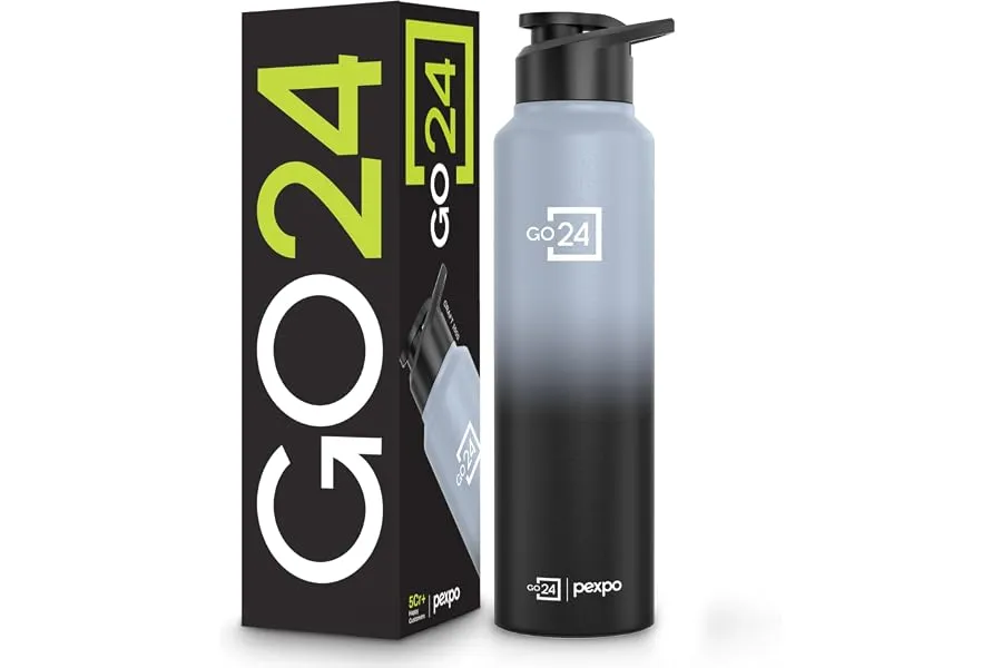 Go24 pexpo Stainless Steel Water Bottle Craft Grey-Knight Black Ombre 950ml | Sipper Cap Lightw — Linkbiz SmartDeal's