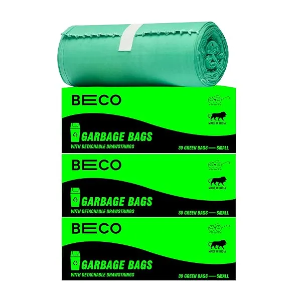 Beco Eco-Friendly Garbage Bags | 90 Pcs | Small- 17 x 19 Inches | 30 Bags x 3 Rolls | Green | Dustbin/Trash Bags with Detachable Drawstrings | For Dry & Wet waste — Linkbiz SmartDeal's