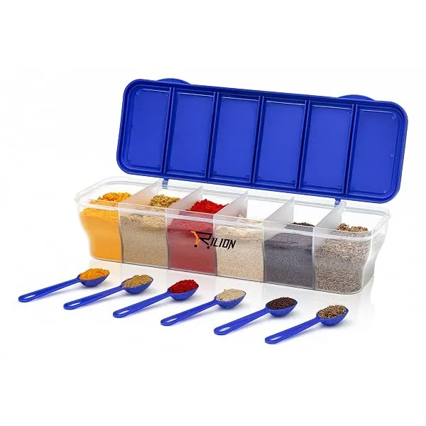RILION Multipurpose 6-in-1 Masala Box for Kitchen| Airtight BPA-Free Plastic 6 Section Storage Container with 6 Spoons, 1800 ml Transparent Pickle Box for Spices| Dry Fruits, Snack — Linkbiz SmartDeal's