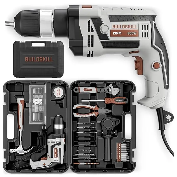 BUILDSKILL 136 PCs Impact 800W Corded Electric Drill Toolkit | 3300 RPM | 48000 Impact Rate | Copper Motor | 13mm Keyless Chuck Drill Machine for Wall Drilling | Forward-Reverse | — Linkbiz SmartDeal's