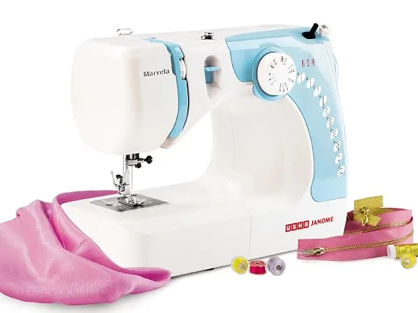 Usha Janome Marvela Blue Automatic Zig-Zag Electric Sewing Machine With Free Sewing Kit | Sewing Light | 7 Built-In-Stitches | 14 Stitch Functions | 2 Year Warranty | Blue & White — Linkbiz SmartDeal's