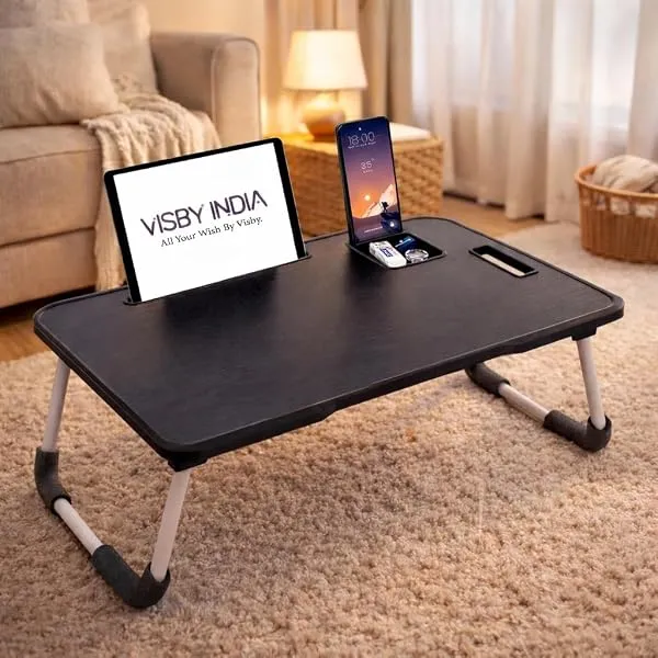 SPHENI Smart Multipurpose Foldable Laptop Table with Cup Holder, Study Table, Bed Table, Breakfast Table, Foldable and Portable/Ergonomic & Rounded Edges/Non-Slip Legs (Black NEW) — Linkbiz SmartDeal's