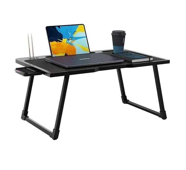 Cubiker Engineered Wood Multipurpose Foldable Lapdesk with Cup Holder | Table Home Study Writing Table, Foldable and Portable/Ergonomic Edges (Black - 60[L] X 40[W] X 24[H] Cm) — Linkbiz SmartDeal's