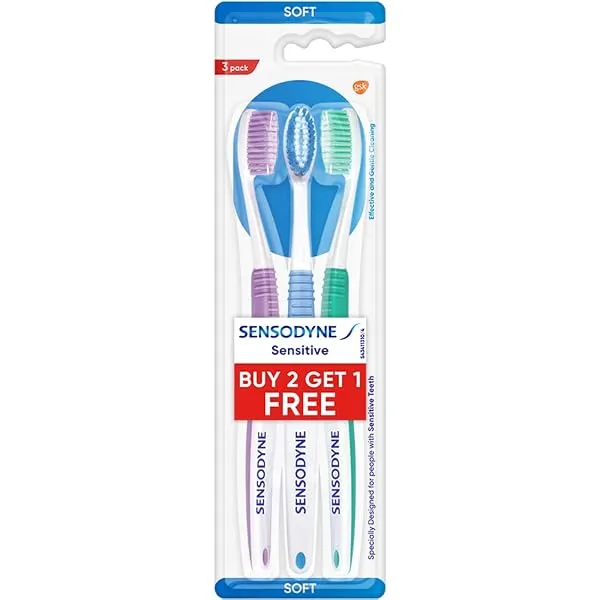 Sensodyne Toothbrush: Sensitive manual tooth brush with soft rounded bristles for adults, 3 pieces (Multicolor) — Linkbiz SmartDeal's
