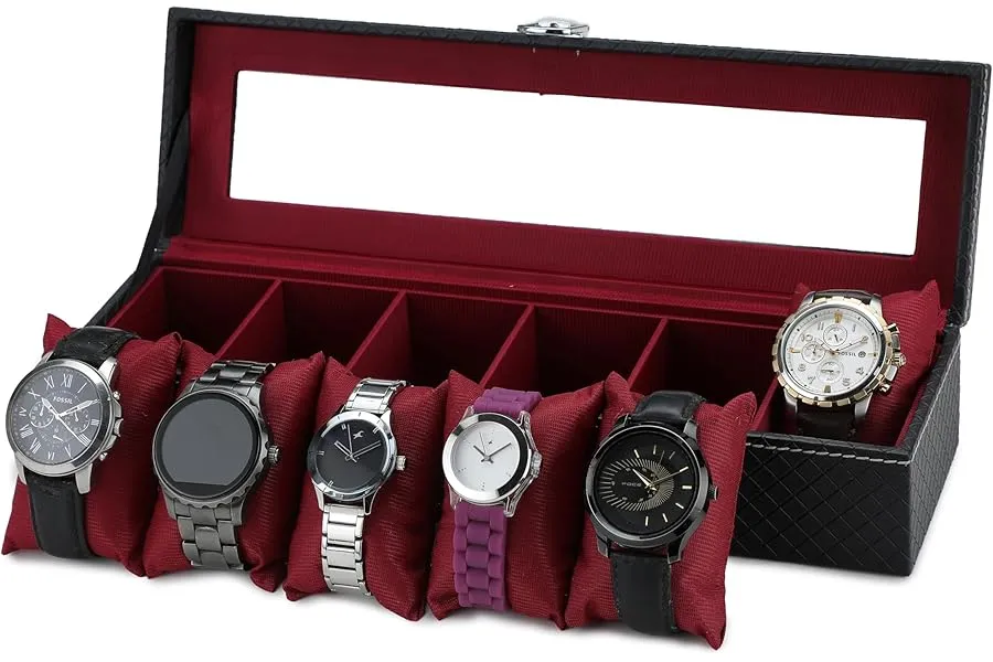 ZENWOOD Men Women 6 Slots Watch Box case organizer Leatherette Gift Box Black Color Watch Box ( — Linkbiz SmartDeal's