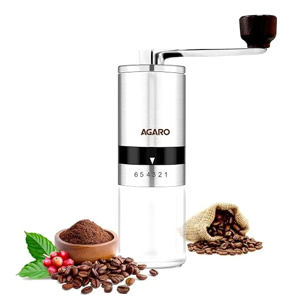 AGARO Elite Manual Coffee Grinder, Ceramic Grinder with Glass jar, 6 Adjustable Settings, Stainless Steel Body, Tooth Handle, No Power, Whole Bean, Drip Coffee, Espresso, Silver — Linkbiz SmartDeal's