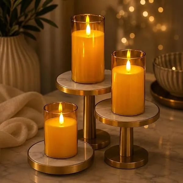 VERVENIX Flameless LED Pillar Candles with Clear Glass Effect Cover (Set of 3) – Battery Operated Flickering Candle Lights for Home, Parties, Weddings & Decoration — Linkbiz SmartDeal's