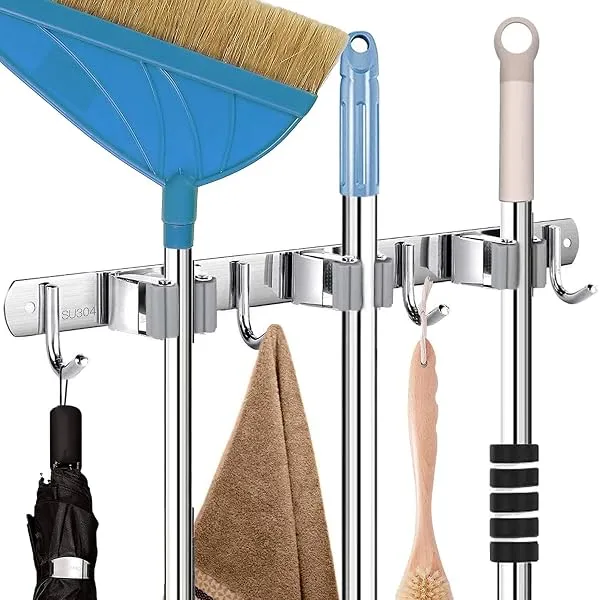 Zollyss Broom Holder | Stainless Steel Wall Mounted Storage Organizer with 3 Racks and 4 Hooks, Broom Holder Wall Mount for Kitchen, Bathroom, Closet, Garage, Office, Garden (1 Pc) — Linkbiz SmartDeal's