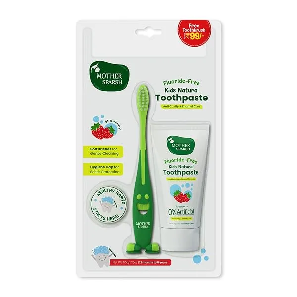 Mother Sparsh Natural Toothpaste for Kids-50g, Strawberry (With Free Toothbrush) | Strengthens Gums, Whitens Teeth | Preservative & Fluoride Free Baby Toothpaste | Anti Cavity + En — Linkbiz SmartDeal's