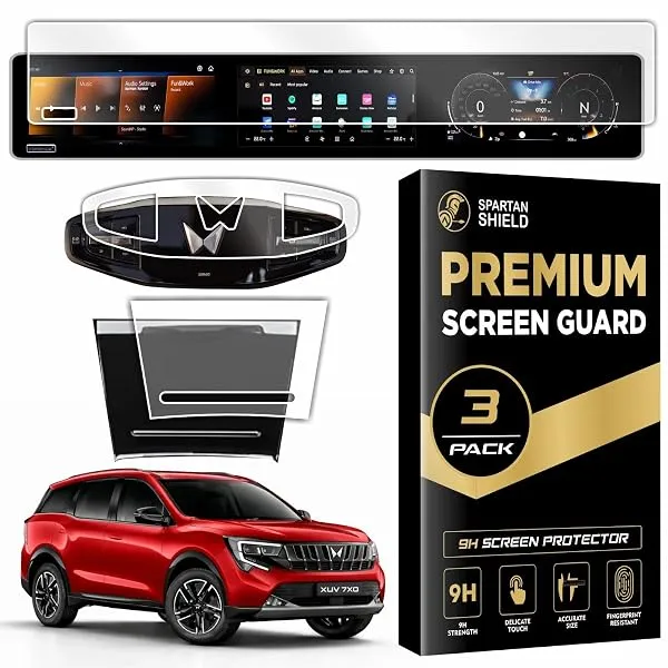 Spartan Shield [3 PACK] Screen Guard for MAHINDRA XUV 7XO 2026+ || AX, AX3, AX5, AX7, AX7T & AX7L || 12.3 INCH TRIPLE SCREEN with *** ADRENOX+ BADGE CUTOUT *** + + Flexible TPU for — Linkbiz SmartDeal's