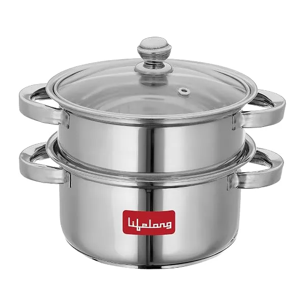 Lifelong 2-Tier Steamer/Momo/Modak Maker | Induction Compitable with Glass Lid & Riveted Handles | 20 cm Stainless Steel Multi-Purpose Cooking Steamer (LLMOM01) 2 Litre — Linkbiz SmartDeal's