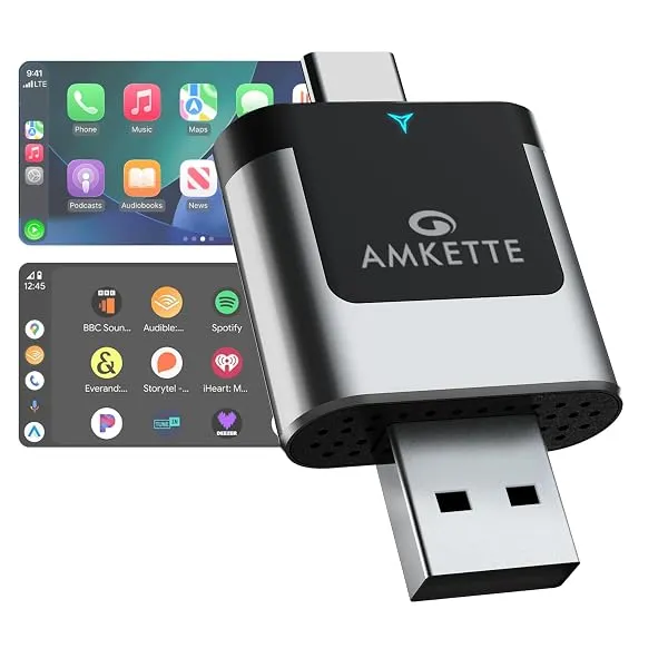 Amkette Drive 2 in 1 Wireless carplay Adapter & Android auto Wireless Adapter | WiFi 6 Low-Latency | BT5.4 Fast Pairing | Converts Wired to Wireless | USB-A & USB-C | Supports OEM — Linkbiz SmartDeal's