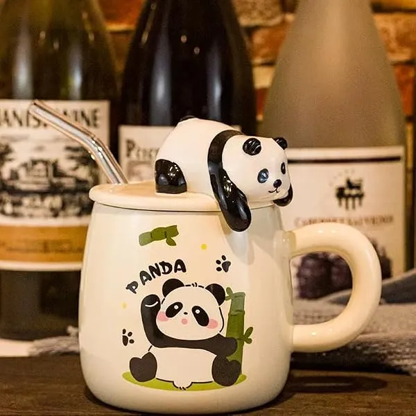 Vasukie 3D Panda Ceramic Coffee Mug with Lid & Glass Spoon, Gift for Brother, Birthday, Rakhi, Panda Mug White, 420ml — Linkbiz SmartDeal's