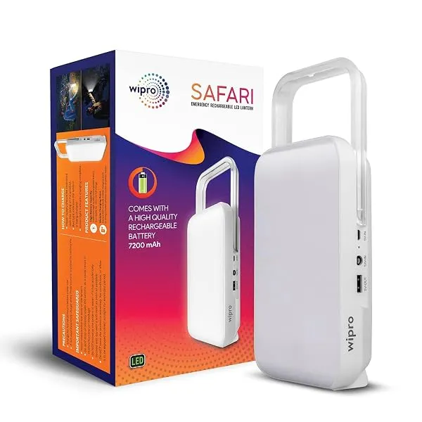 wipro Safari Emergency Rechargeable Led Lantern with 7200 Mah Battery | 122 Individual Led Lights | Brightness Control Feature | in- Built Mobile Charging Point|15 Watt (Pack of 1) — Linkbiz SmartDeal's