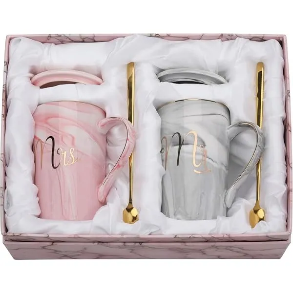 NYRWANA Coffee Mug, Marriage Gifts for Wedding, Wedding Present for Couples, Mugs for Present, Diwali Gifts, Mr & Mrs Set of 2 Coffee Mugs, Lids, Golden Spoon & Beautiful Gift Box — Linkbiz SmartDeal's