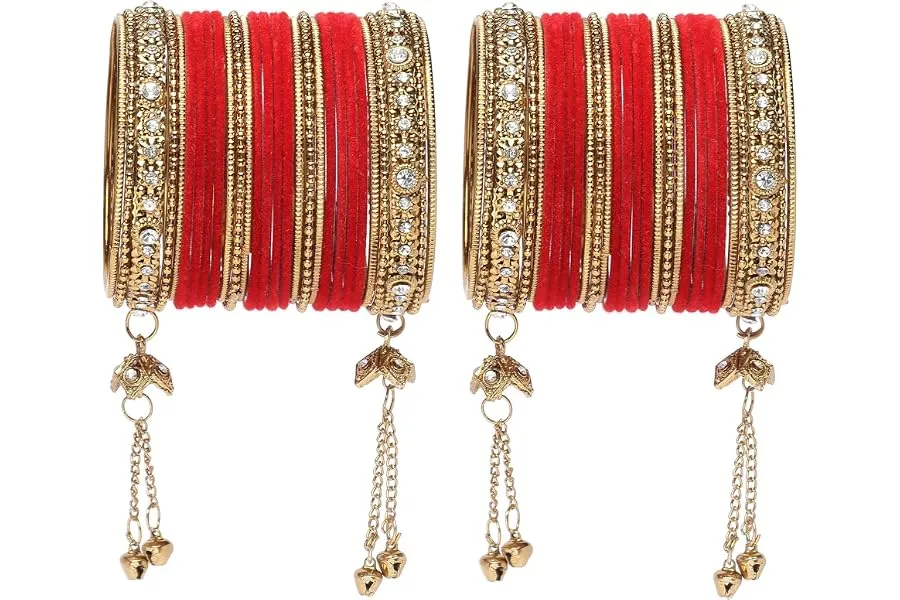 ZENEME Gold-Plated Matte Finish Velvet American Diamond Studded Gold Pearl Tasselled Bangles Se — Linkbiz SmartDeal's