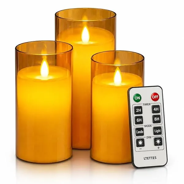 LTETTES Flameless LED Candles | Gold Acrylic Fiber Glass | Battery Powered with Remote Control & Timer | Decorative LED Set for Home, Festival & Wedding | Set of 3 (H-4",5",6" x D- — Linkbiz SmartDeal's