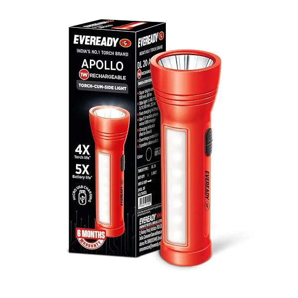 EVEREADY Apollo DL20, Rechargeable 1W Torch Cum 1.4W Emergency Sidelight | Type-B/Micro USB Fast Charging, Overcharge & Deep Discharge Protection, Powered By Li-Ion Battery — Linkbiz SmartDeal's