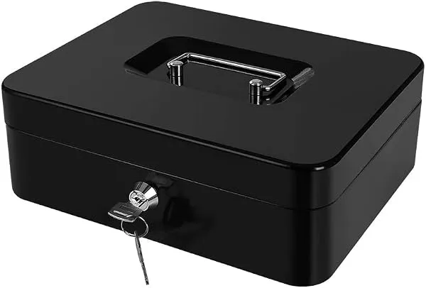 Wosta Cash Money Safe Box - Compact Solid Steel Lockable Security Storage Chest for Loose Money, Coins, Change & Valuables with 2 Keys - Removable Tray with 5 Coin Sections, 1 Bill — Linkbiz SmartDeal's