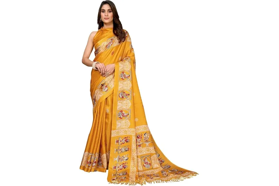 Yashika Womens latest Art Silk and Tassels Saree with unstitched Blouse Material — Linkbiz SmartDeal's