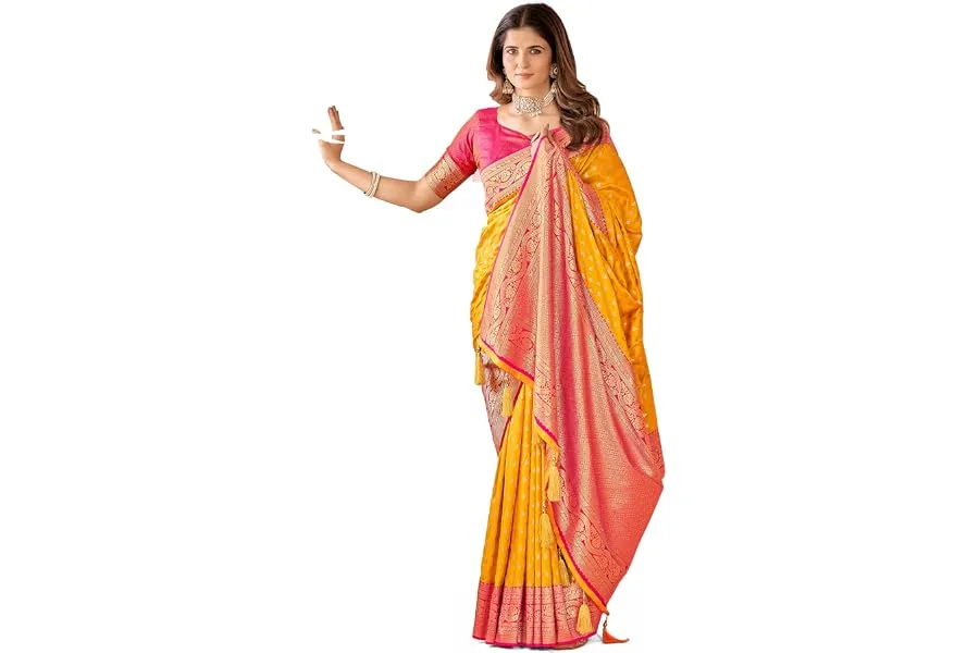 Mehrang Cotton Banarasi Silk Saree for Women With Unstitched Blouse Piece — Linkbiz SmartDeal's