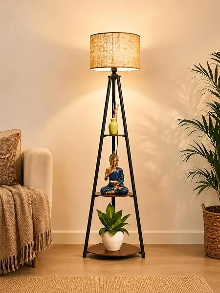 Crosscut Furniture LED Tripod Floor Lamp with 3 Shelves, Brown Jute, Metal Corner Floor Lamp, for Decoration and Gifting,B22 Bulb — Linkbiz SmartDeal's
