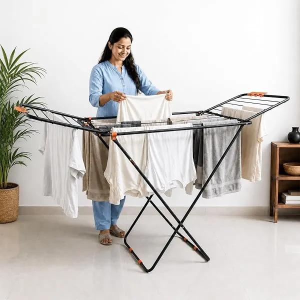 BonKaso Foldable Cloth Drying Stand for Drying Clothes, 3-Way Folding with 20 Drying Rails, Lightweight Alloy Steel, Flat Folding Design | Indoor & Outdoor Clothes Dryer Orange — Linkbiz SmartDeal's
